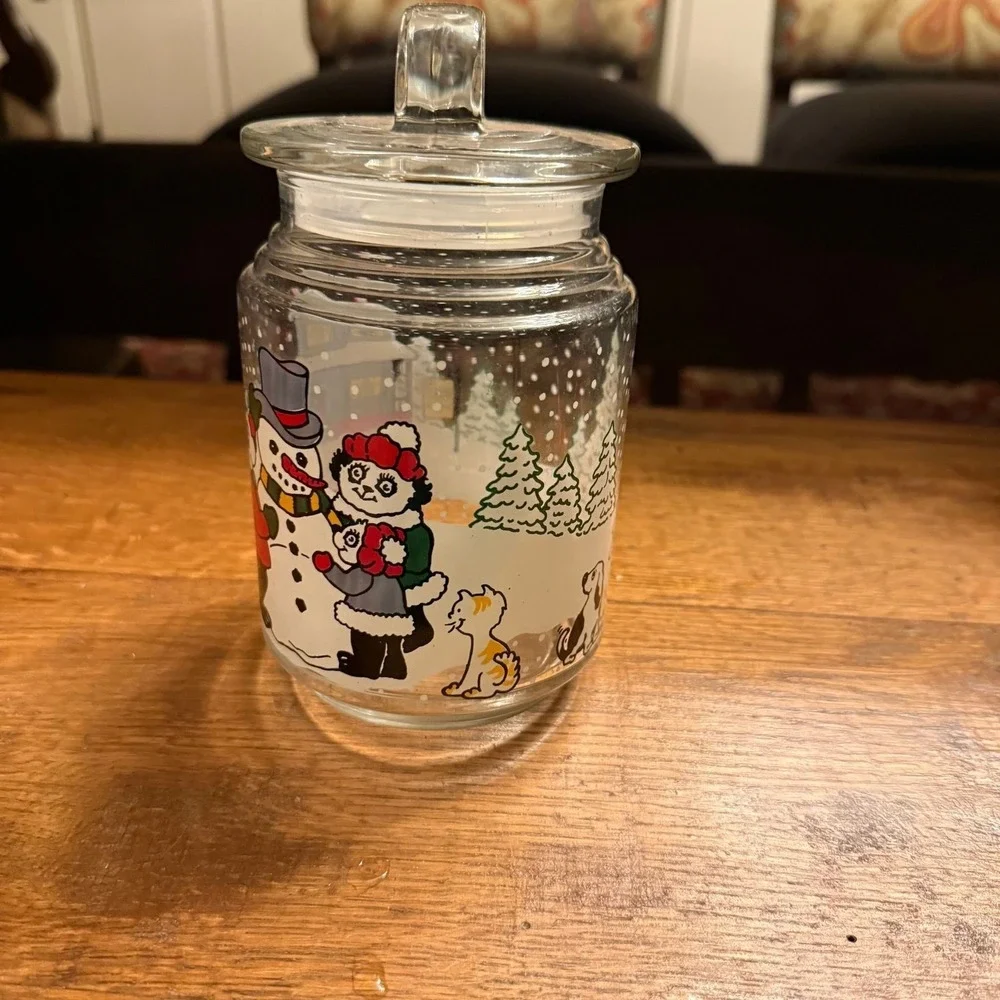 Vtg 1993 ADGI glass candy jar featuring a festive panda bear and snowman scene.